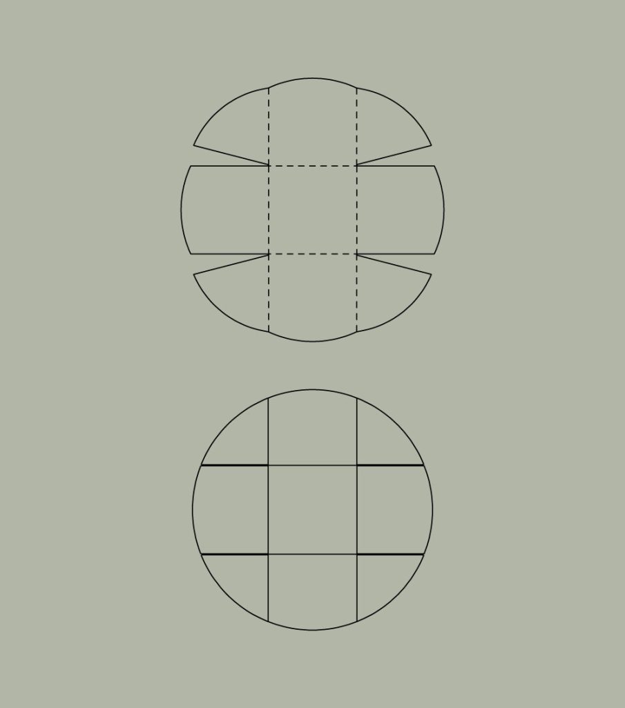 Technical line drawing of the bent metal mirror transformation from flat to folded