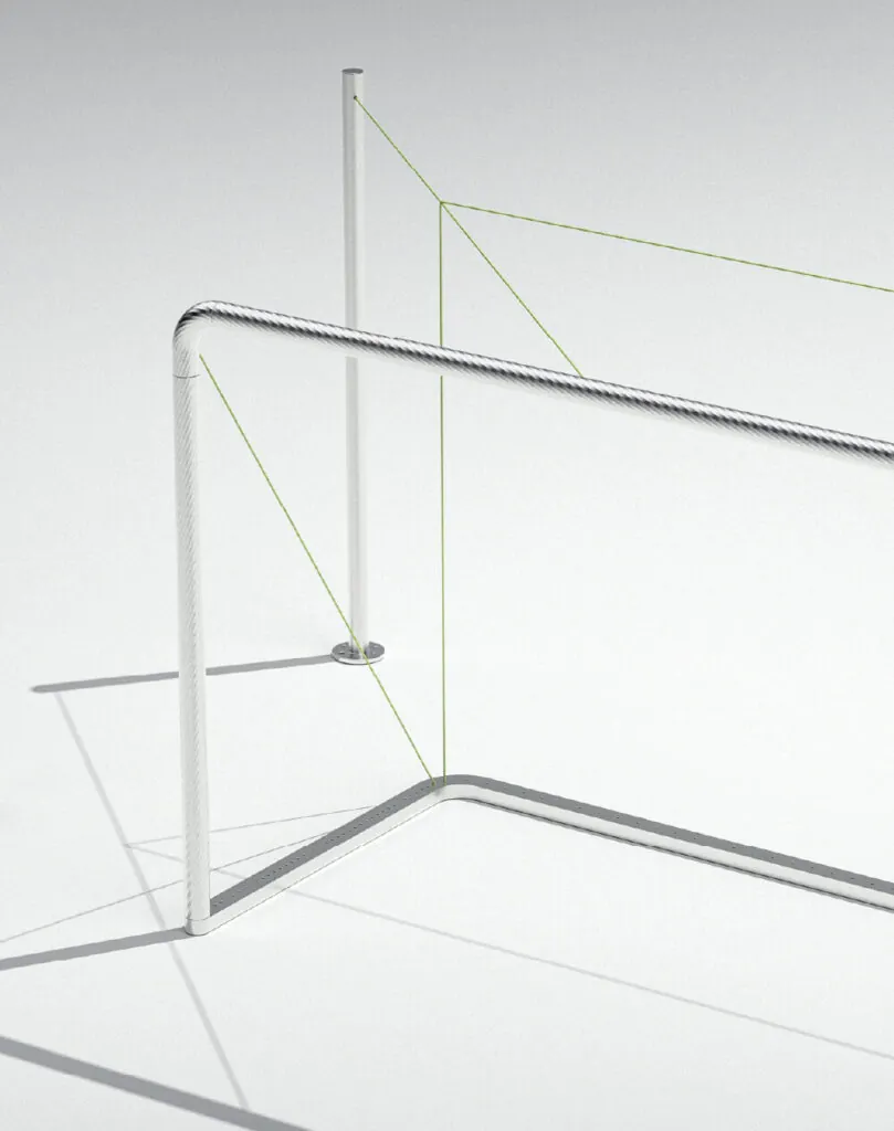 Abstract depiction of a soccer goal with geometric lines on a shadowed white surface. Arc football goal post by All Design Lab.