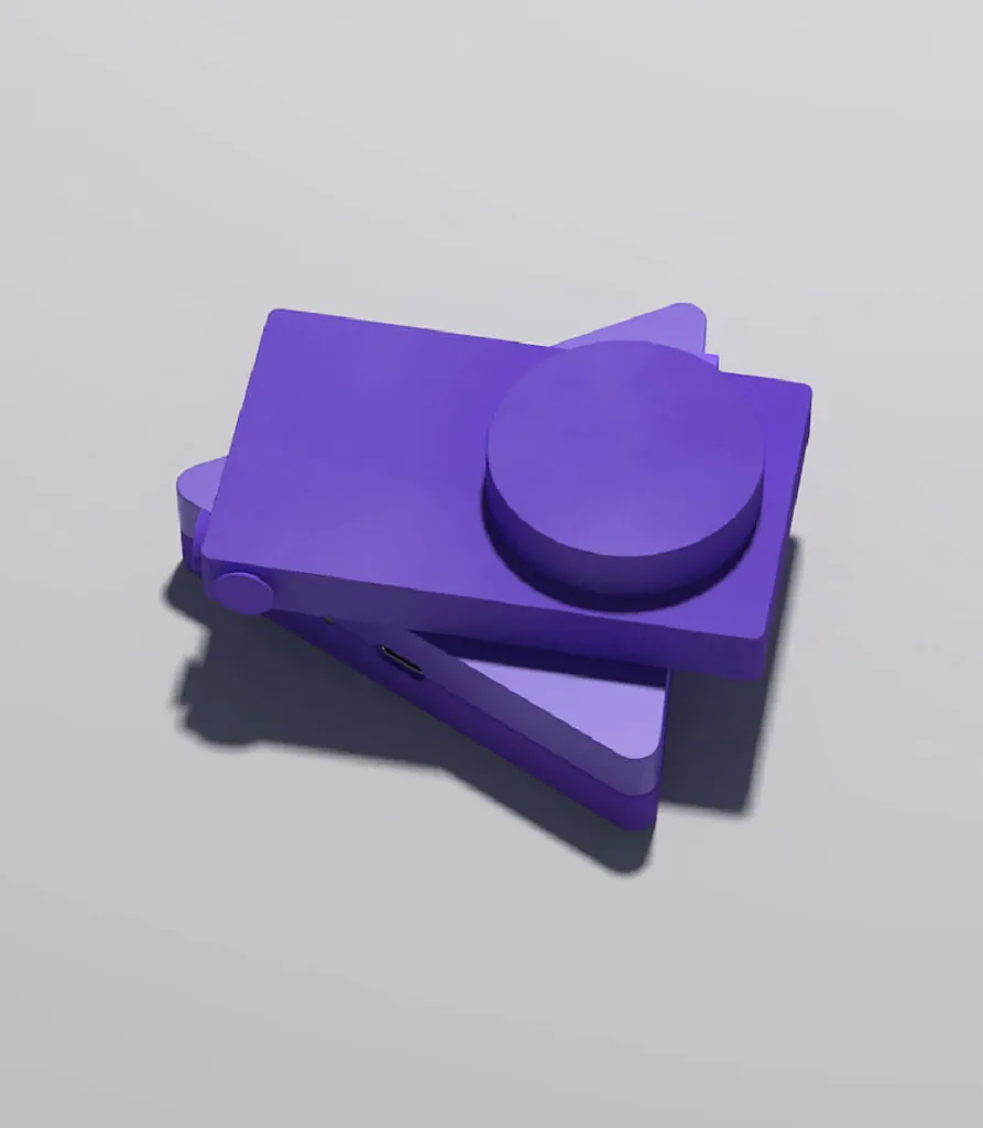 A set of different purple devices. A circular object on top of a rectangular object on top of a triangular object. Dito Smartphone by All Design Lab.