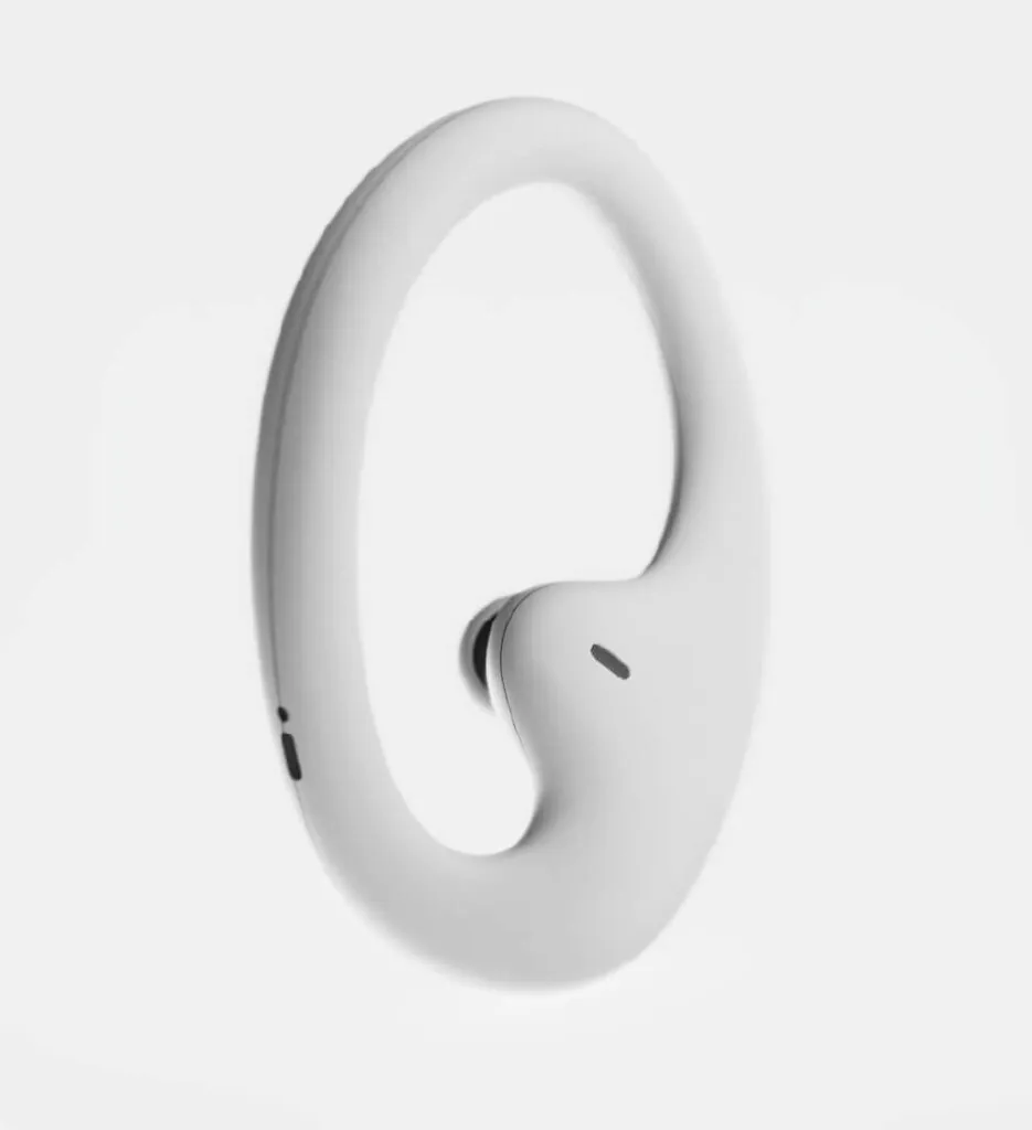White swirling object with a seamless design on a white background. Earbugs headphones by All Design Lab.