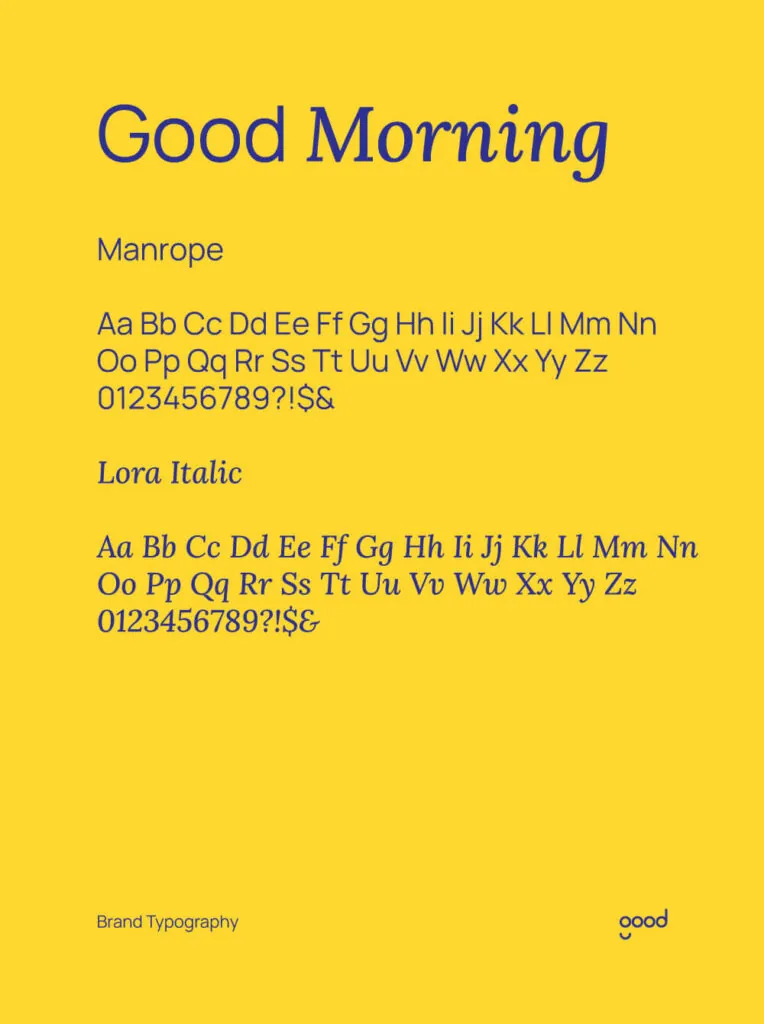 Blue text on yellow background showing different fonts. Good branding by All Design Lab