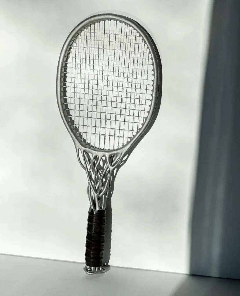 Conceptual organic tennis racket leaning on white wall. Hìtëkw Tennis Racket by All Design Lab.