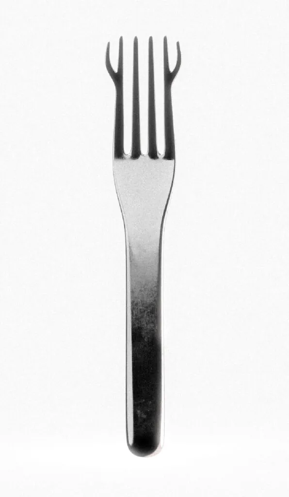 Top view of metal textured fork with extra tines. HungryWare Utensil Set by All Design Lab.