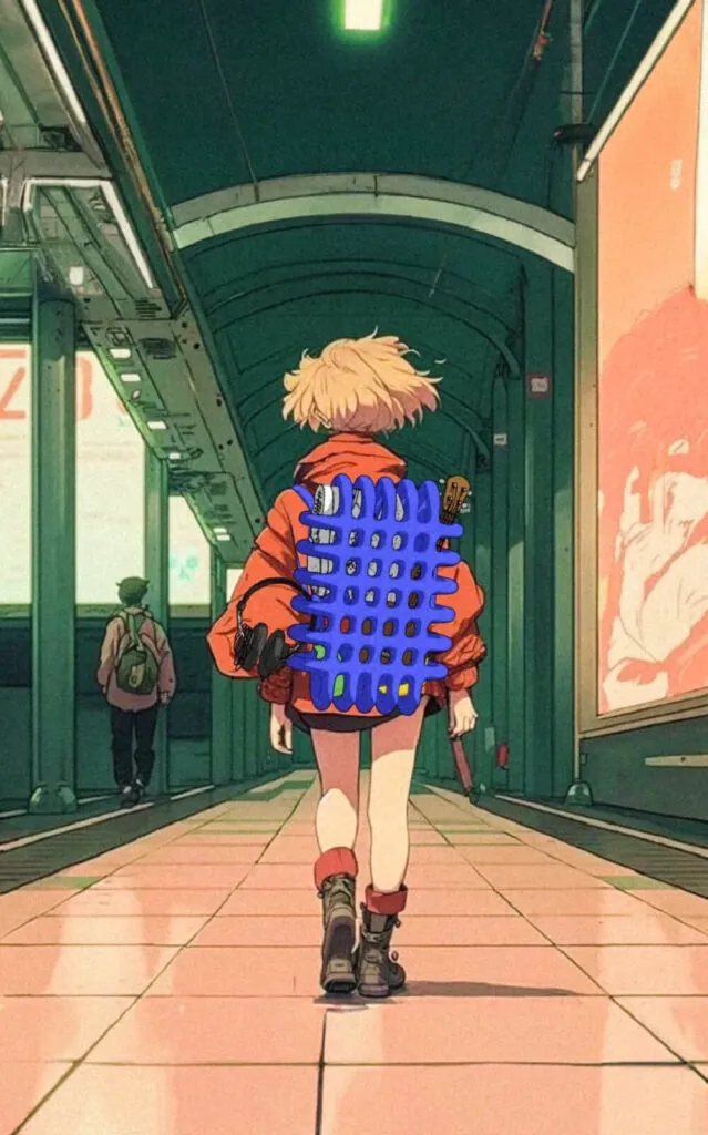 Illustration of girl wearing blue cage like object with objects inside of it walking in the subway. Mega Mesh Backpack by All Design Lab.
