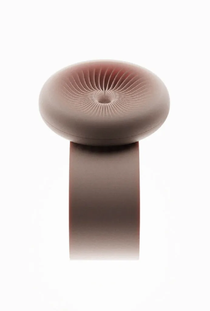 Brown mushroom-shaped object with radiating lines on top, against a white backdrop. Momentum Smartwatch by All Design Lab.