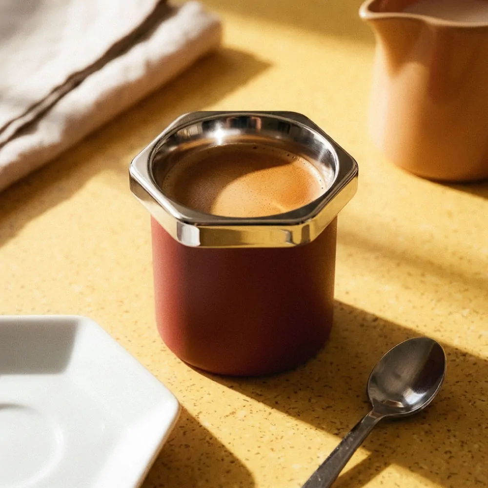 Esagono espresso cup filled with espresso on yellow terrazzo surface in warm morning sunlight, hexagonal steel collar, linen cloth and ceramic pitcher in background
