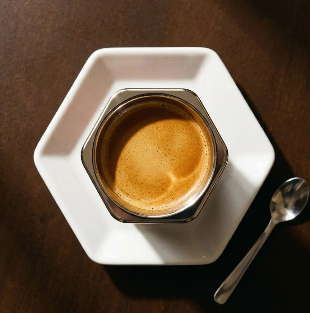 Overhead view of Esagono espresso cup filled with espresso crema, sitting on white hexagonal ceramic saucer on dark wood surface, espresso spoon alongside