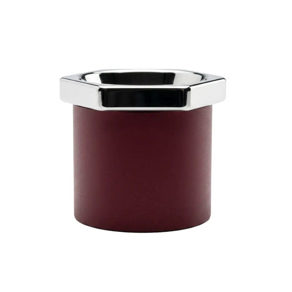 Esagono espresso cup, front view, burgundy powder-coated aluminum body with mirror-polished hexagonal stainless steel collar, white background