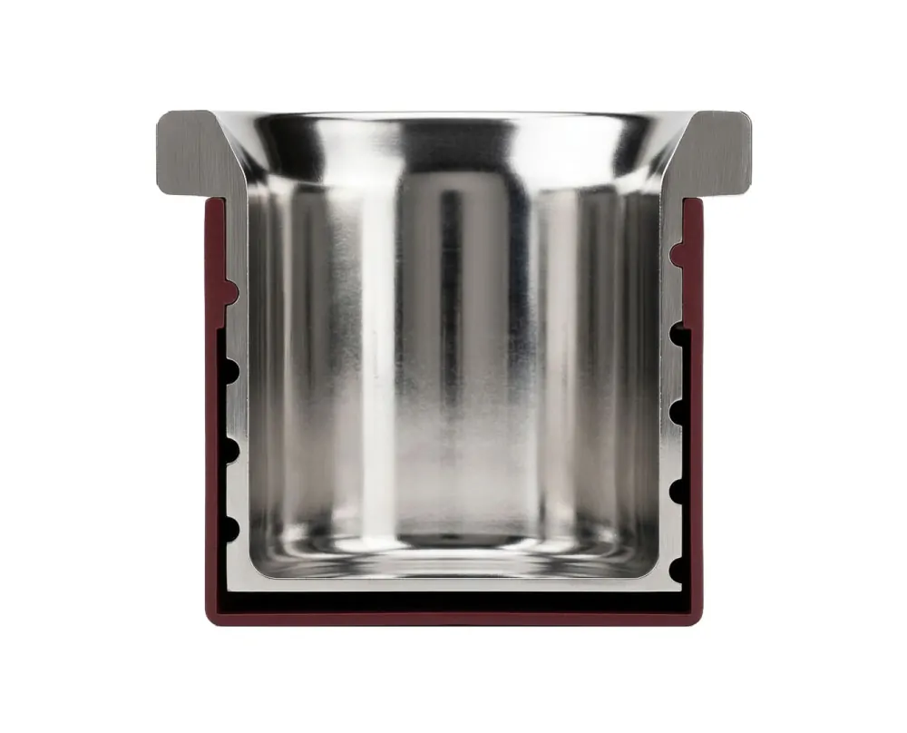 Cross-section view of Esagono espresso cup showing double-wall stainless steel interior construction and powder-coated aluminum outer sleeve
